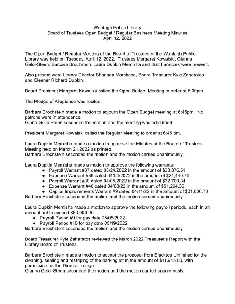 DRAFT Board Minutes April 12, 2022